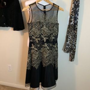Tahari black and gold embroidered floral design dress